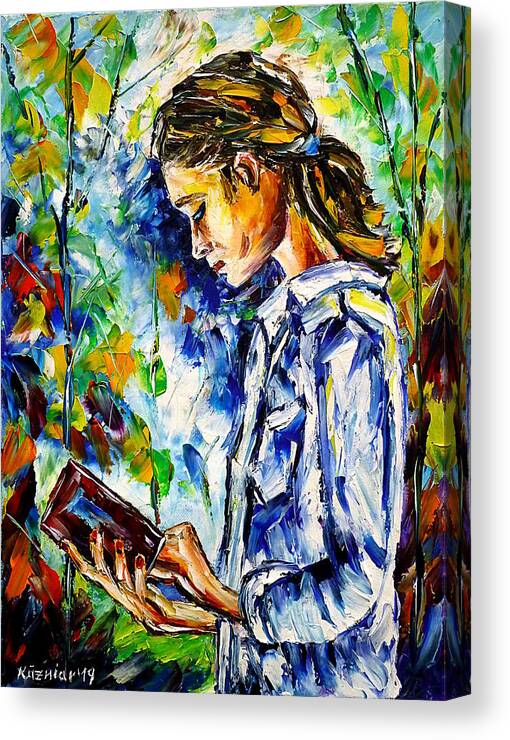 Girl With A Book Canvas Print featuring the painting Reading Outdoors by Mirek Kuzniar
