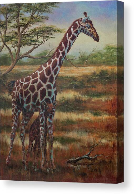 Giraffe Canvas Print featuring the painting Safe Haven by Lynne Pittard