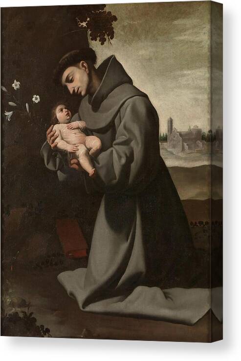 Francisco De Zurbaran Canvas Print featuring the painting 'Saint Anthony of Padua with the Infant Christ'. 1635 - 1650. Oil on canvas. by Francisco de Zurbaran -c 1598-1664-