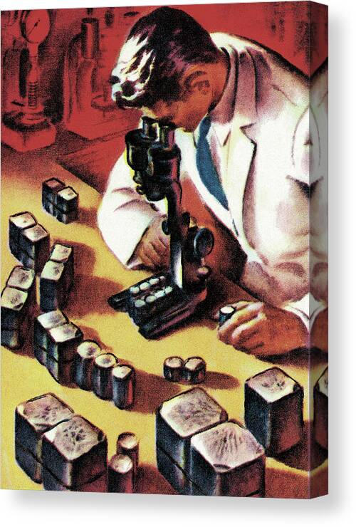 Adult Canvas Print featuring the drawing Scientist Looking Through a Microscope by CSA Images