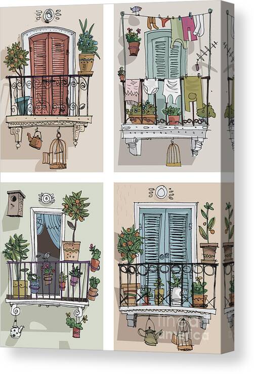 Residency Canvas Print featuring the digital art Set Of Cute Balcony - Cartoon by Iralu