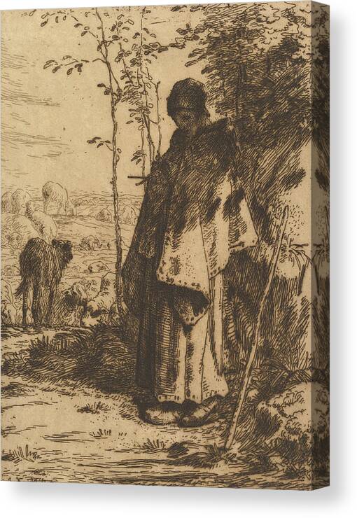 19th Century Art Canvas Print featuring the relief Shepherdess Knitting by Jean-Francois Millet
