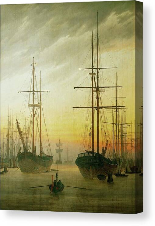 Caspar David Friedrich Canvas Print featuring the painting Ships in the harbour. Oil on canvas. by Caspar David Friedrich -1774-1840-
