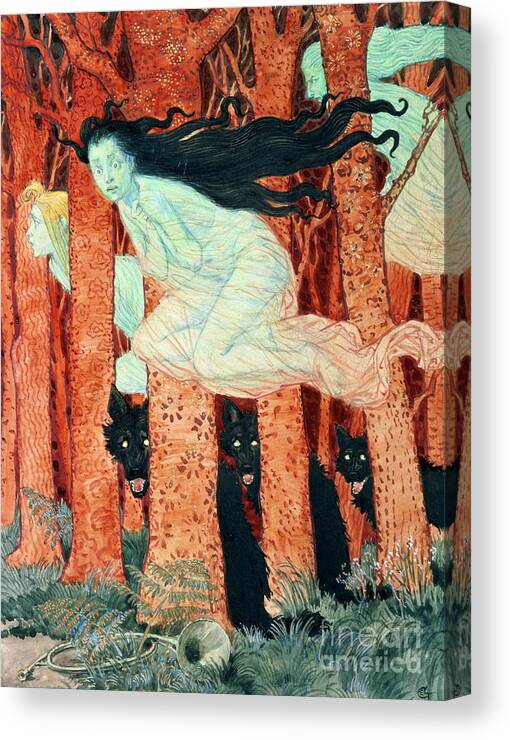 Witches Canvas Print featuring the painting Three Women and Three Wolves by Eugene Grasset