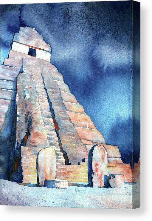 Tikal Guatemala Canvas Print featuring the painting Watercolor painting of Mayan temple and stelae at UNESCO World H by Ryan Fox