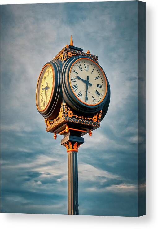 Clock Canvas Print featuring the photograph Waterfront Clock At Sunset by Gary Slawsky