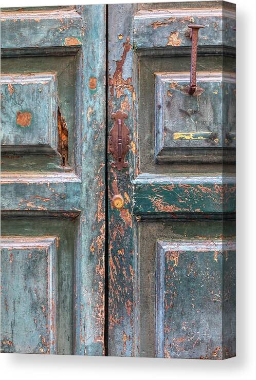Cortona Canvas Print featuring the photograph Weathered Rustic Green Door of Cortona by David Letts
