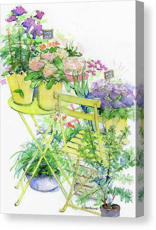 Parisian Flowers Canvas Print featuring the painting Yellow pots, chair and table top by Rebecca Matthews