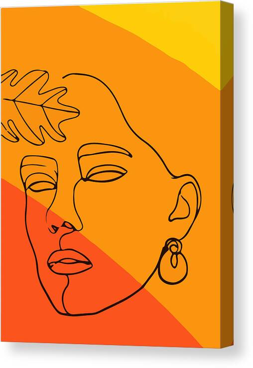 Ink-pen Canvas Print featuring the drawing Hand drawn face and leaf Abstract minimalistic linear sketch Woman face with monstera leaf lineart #1 by Mounir Khalfouf