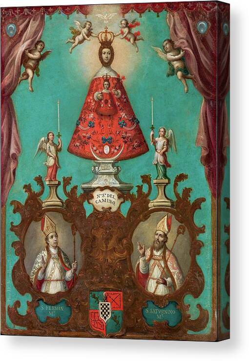 Christian Canvas Print featuring the painting The Virgin of El Camino with St Fermin and St Saturnino #1 by Nicolas Enriquez