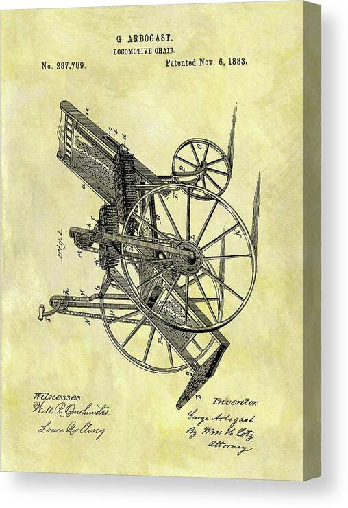 1883 Wheelchair Patent Canvas Print featuring the drawing 1883 Wheelchair Patent by Dan Sproul