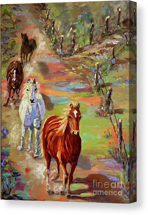Wild Horses Canvas Print featuring the painting Fences Make Bad Neighbors #3 by Patsy Walton