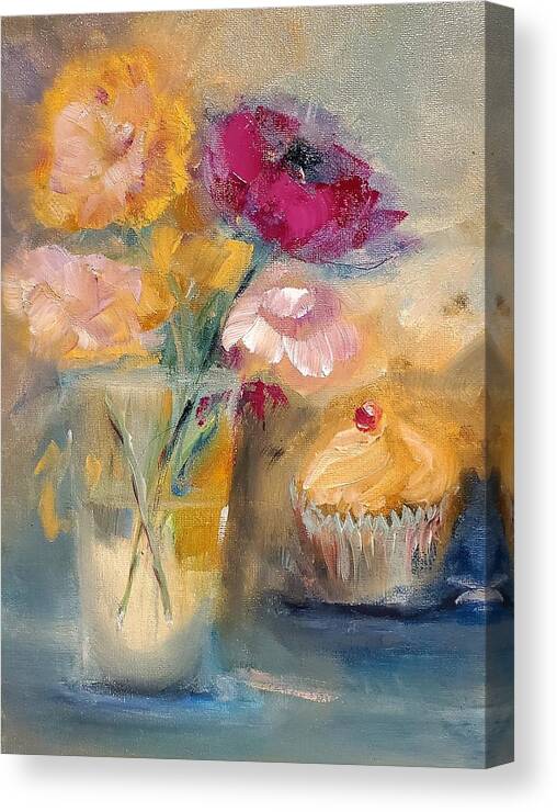 Cake Canvas Print featuring the painting A little Cake And Flowers Today by Lisa Kaiser
