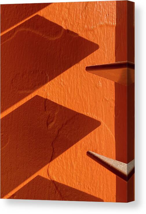 Shadows Canvas Print featuring the photograph Aztec Shadows #2 - venetian blind shadow at a Mexican restaurant on orange wall by Peter Herman