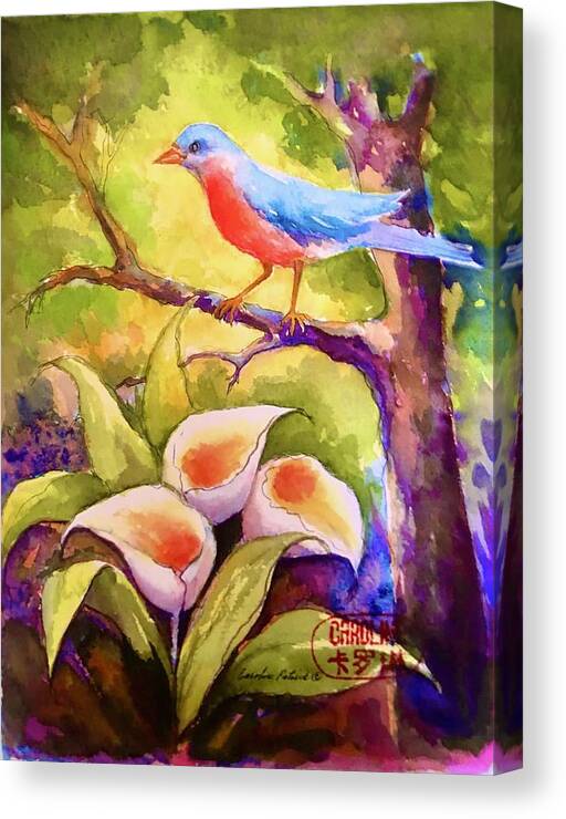Blue Bird Speaking Canvas Print featuring the painting Blue Bird whispers by Caroline Patrick