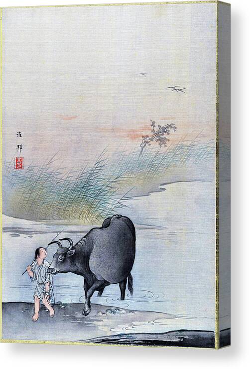 Hashimoto Gaho Canvas Print featuring the painting Boy with Cow at the River's Edge - Digital Remastered Edition by Hashimoto Gaho