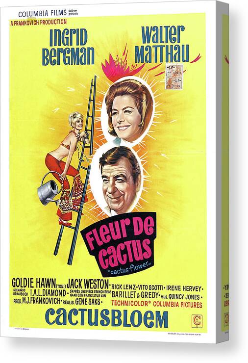 Ingrid Bergman Canvas Print featuring the mixed media ''Cactus Flower'' with Ingrid Bergman and Walter Matthau, 1969 by Movie World Posters