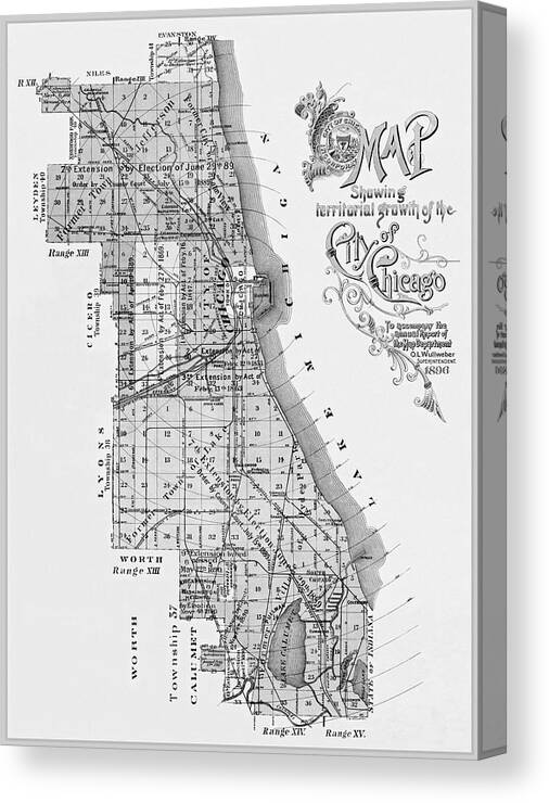 Chicago Canvas Print featuring the photograph City of Chicago Antique Map 1896 Black and White by Carol Japp