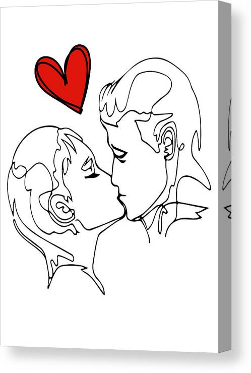 Couple Line Art Canvas Print featuring the drawing Couple Kiss Printable, One Line Drawing Print, Black and White Intimacy Artwork Poster by Mounir Khalfouf