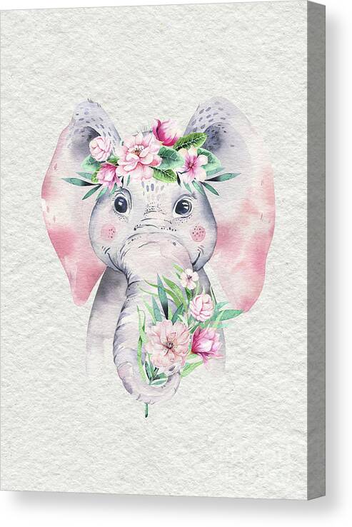 Elephant Canvas Print featuring the painting Elephant With Flowers by Nursery Art