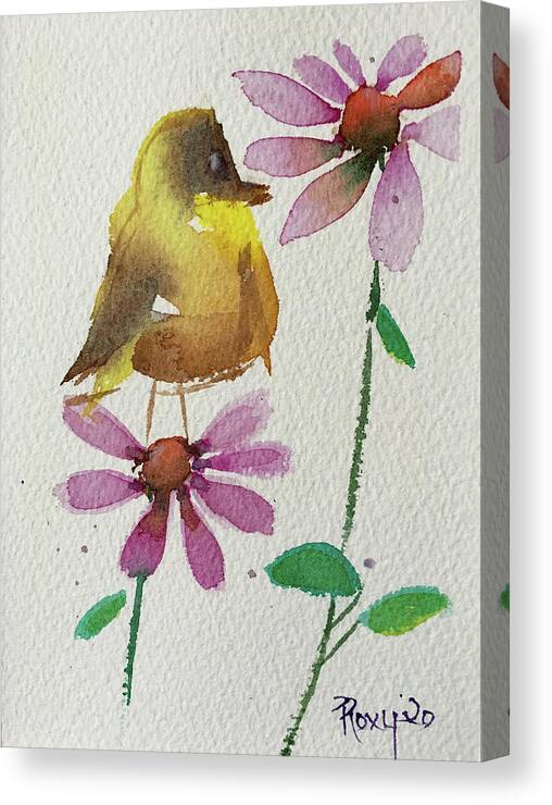 American Goldfinch Canvas Print featuring the painting Fat little Goldfinch by Roxy Rich