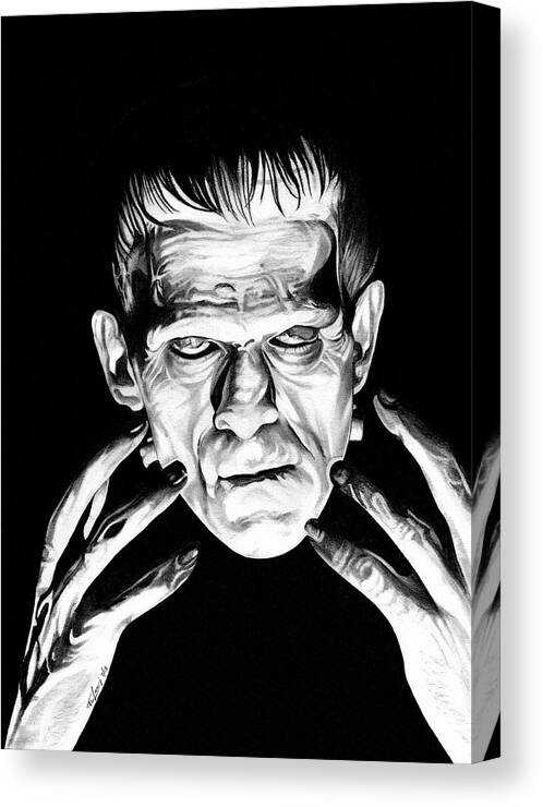 Boris Karloff Canvas Print featuring the drawing Fire - Frankenstein - BW Edition by Fred Larucci