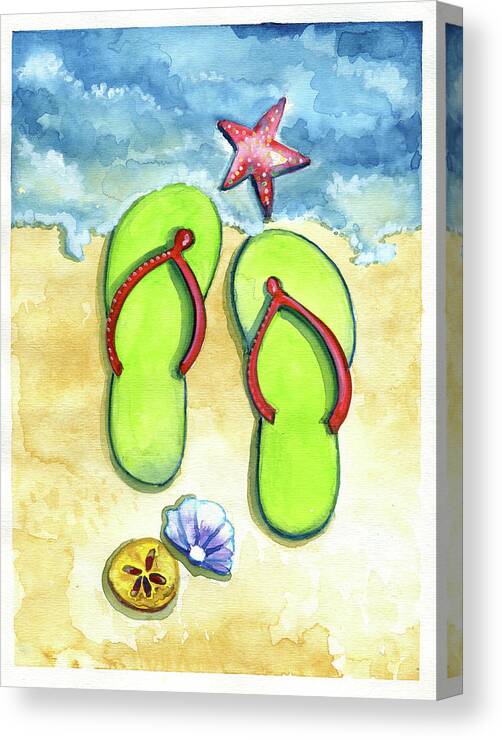 Walking On The Beach Canvas Print featuring the painting Flip Flops on the Beach by Michele Fritz