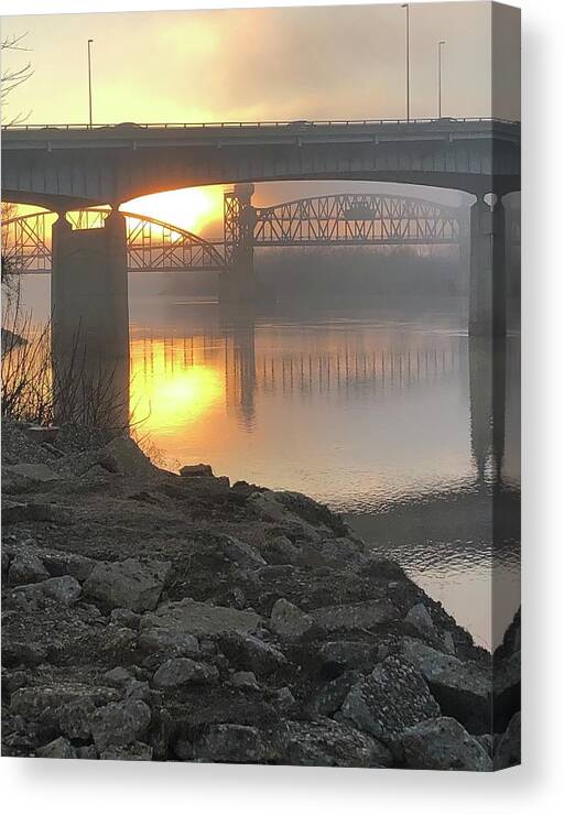 Urban Skyline Canvas Print featuring the photograph Foggy December Sunrise Over the Arkansas River by Michael Dean Shelton