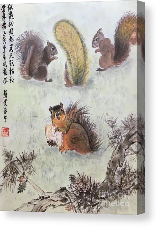 Squirrel Canvas Print featuring the painting Four Squirrels In The Neighborhood - 2 by Carmen Lam