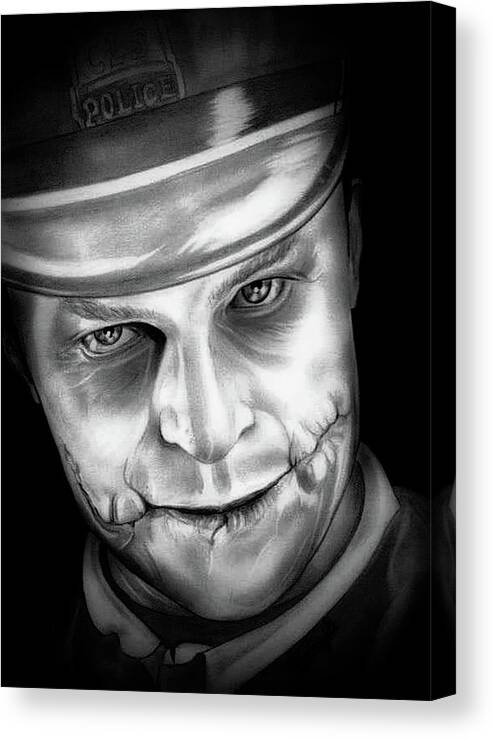 Joker Canvas Print featuring the drawing Heath Ledger - Joker Unmasked - Black and White Edition by Fred Larucci