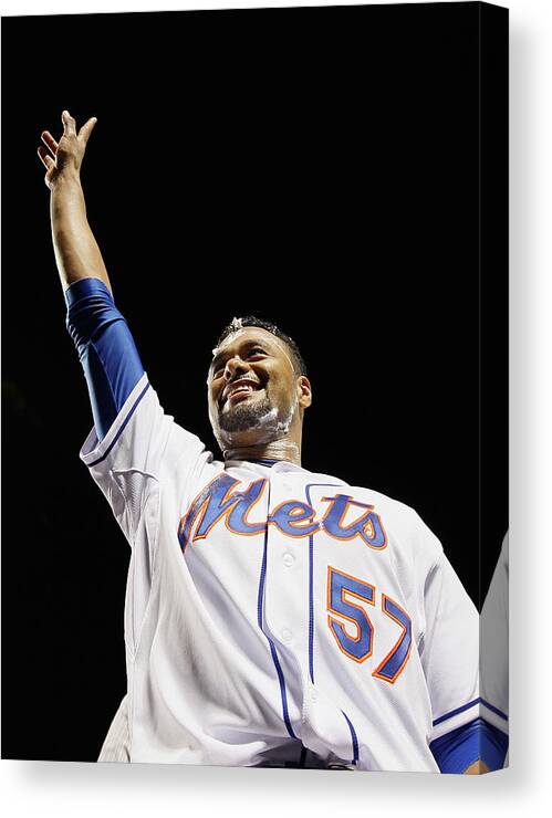 Crowd Canvas Print featuring the photograph Johan Santana by Mike Stobe