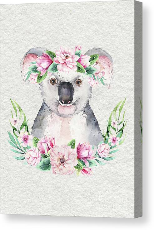 Koala Canvas Print featuring the painting Koala With Flowers by Nursery Art