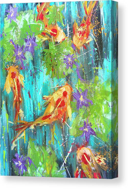 Koi Canvas Print featuring the painting Koi Fish with Lily pad and purple Lotus Flowers by Joanne Herrmann