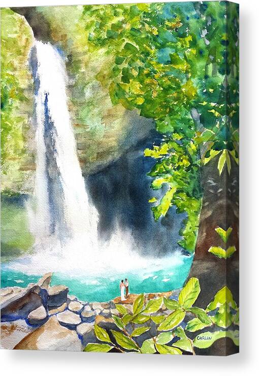 Waterfall Canvas Print featuring the painting La Fortuna Waterfall by Carlin Blahnik CarlinArtWatercolor