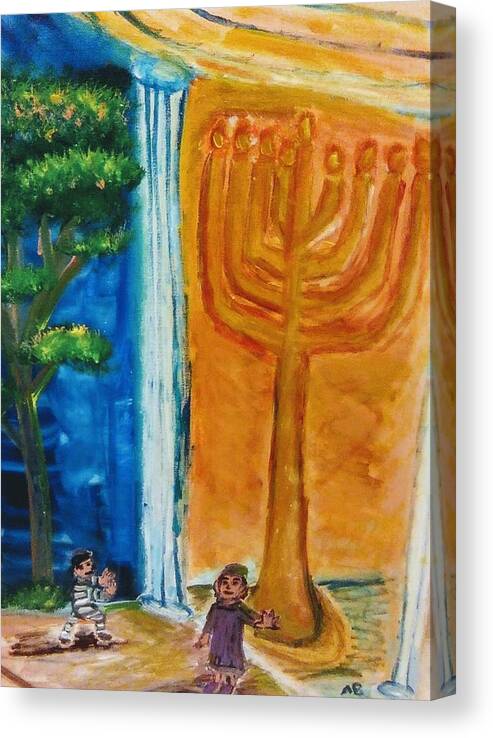 Jewish Canvas Print featuring the painting Light and Shadow, and the Great Maccabean Menorah and the Tree of Life by Andrew Blitman