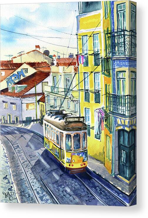 Lisbon Canvas Print featuring the painting Lisbon Tram 28 Painting by Dora Hathazi Mendes
