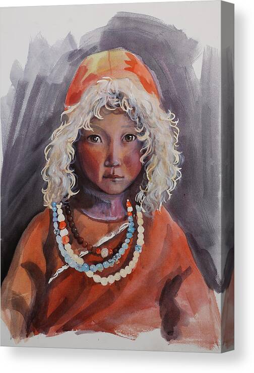 Little Girl Canvas Print featuring the painting Little Girl by Munkhzul Bundgaa