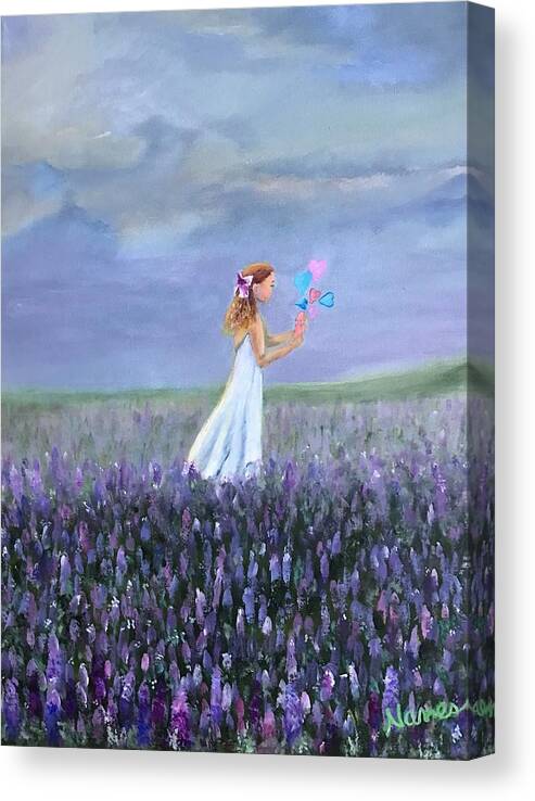 Girl Canvas Print featuring the painting Little Girls, Hearts and Flowers by Deborah Naves