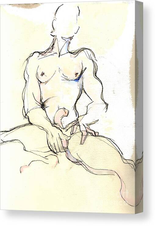 Male Nude Canvas Print featuring the mixed media L'Uomo Felice by Carolyn Weltman