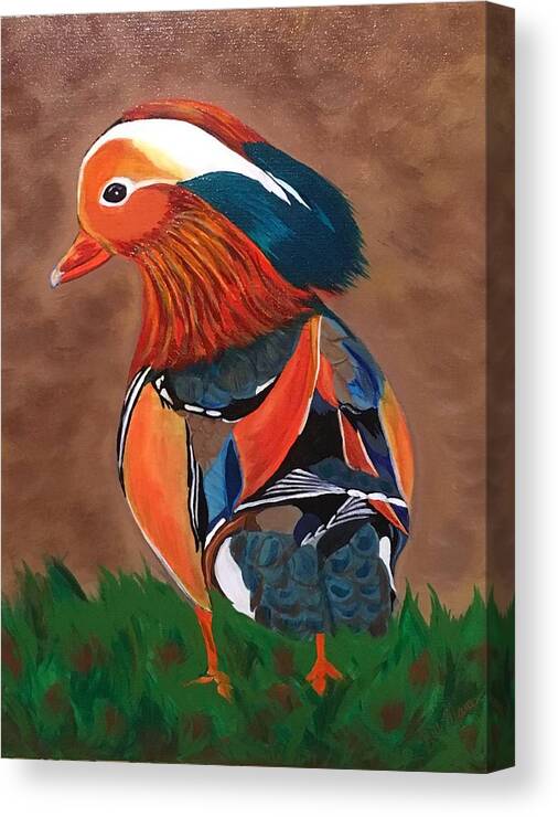  Canvas Print featuring the painting Mandarin Duck-Fowl Play by Bill Manson