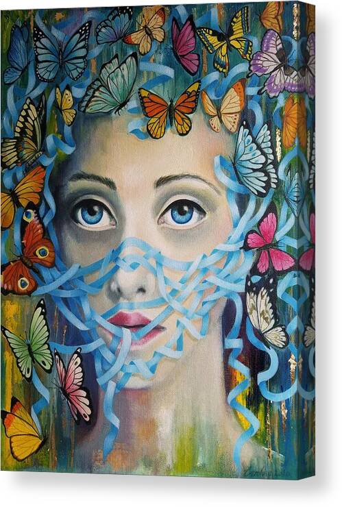 Mask Butterflies Blues Face Canvas Print featuring the painting Mask by Caroline Philp