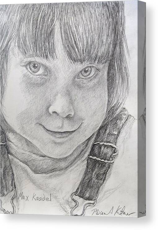 Gamin Child Young Boy Pencil Drawing Overalls Mischief Mischievous Canvas Print featuring the drawing Max Kadel Drawing by Miriam A Kilmer