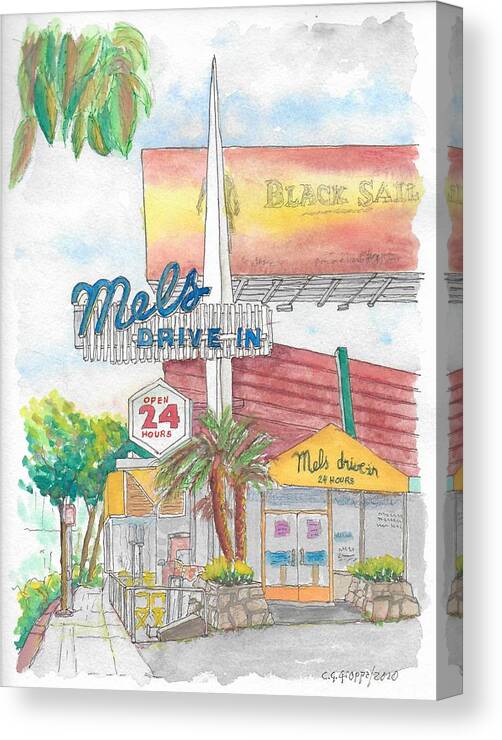 Mels Drive In Canvas Print featuring the painting Mels Drive In, Sunset Plaza, West Hollywood, CA by Carlos G Groppa