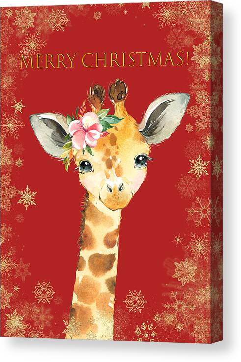 Christmas Canvas Print featuring the mixed media Merry Christmas With A Cute Giraffe Baby by Johanna Hurmerinta