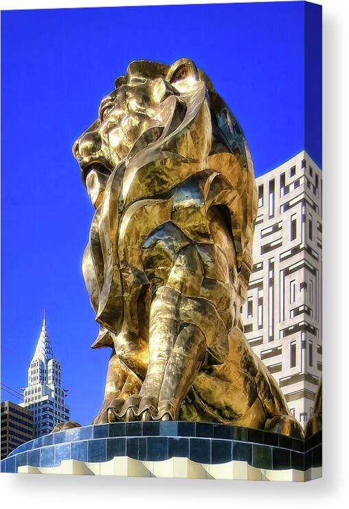 Lion Canvas Print featuring the photograph MGM Lion Sculpture, Las Vegas by Tatiana Travelways
