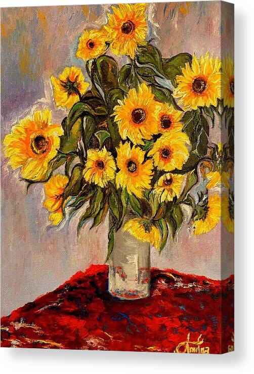 Sunflowers Canvas Print featuring the painting Monets Sunflowers by Anitra by Anitra Handley-Boyt