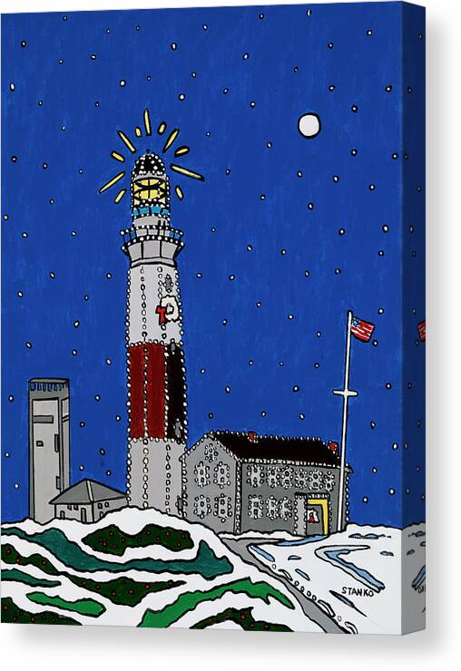 Montauk Lighthouse Christmas Canvas Print featuring the painting Montauk Christmas Lights by Mike Stanko