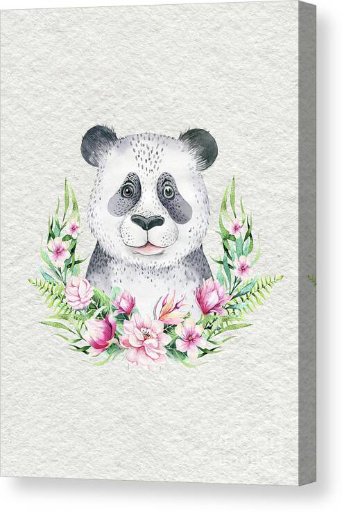 Panda Canvas Print featuring the painting Panda Bear With Flowers by Nursery Art