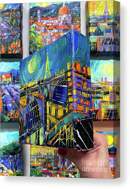 Paris Roofs By Moonlight Canvas Print featuring the painting PARIS ROOFS BY MOONLIGHT - 3D canvas painted edges right side by Mona Edulesco