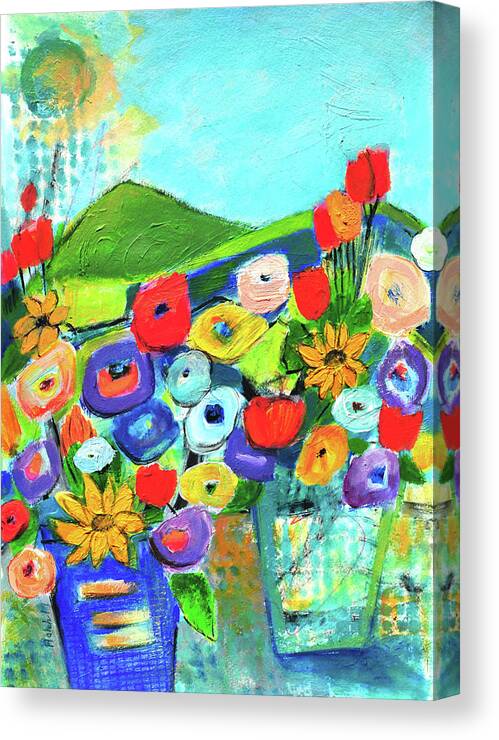 Floralabstract Canvas Print featuring the mixed media Party Flowers by Haleh Mahbod